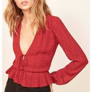 Reformation Nikki Tie Red Black Polka Dot Blouse